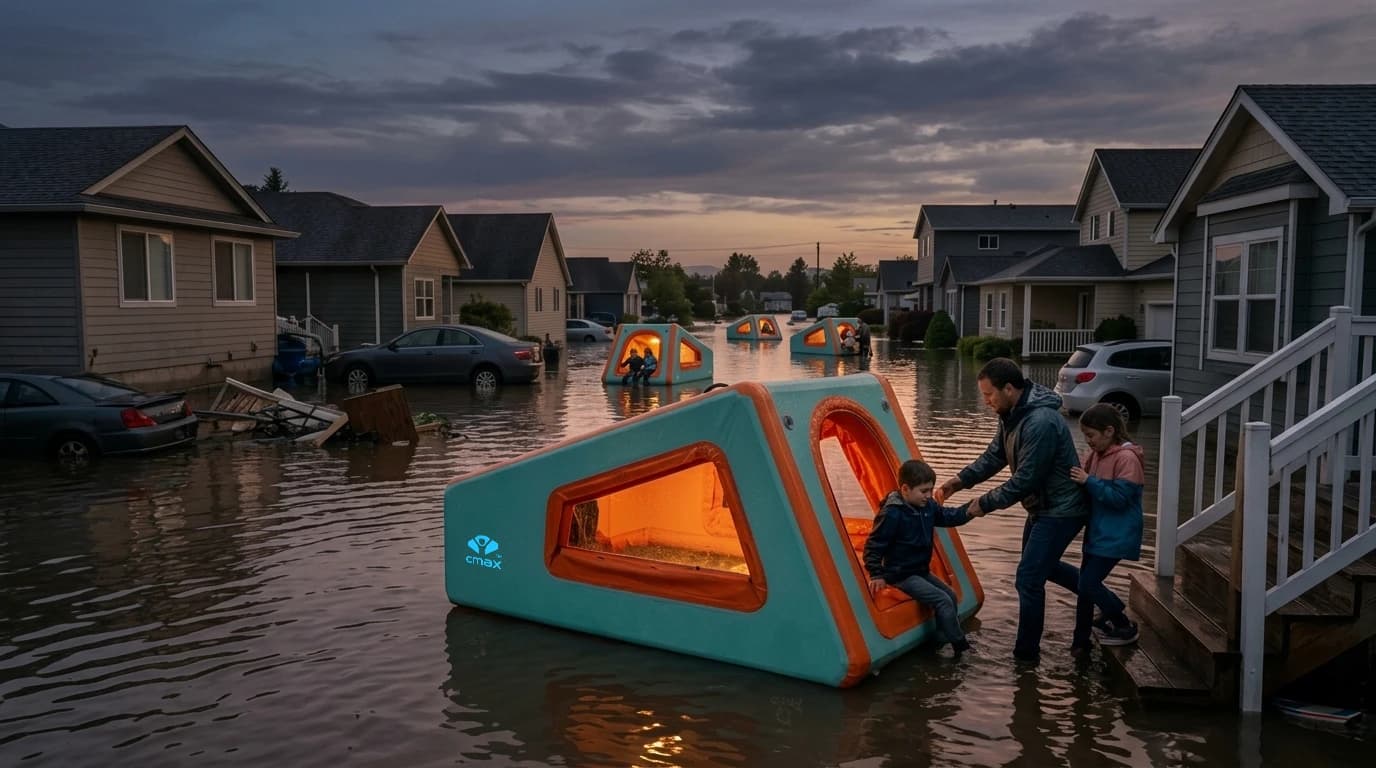 Illustrative view of AeroCabin units in a flooded neighborhood with a family beside one unit.