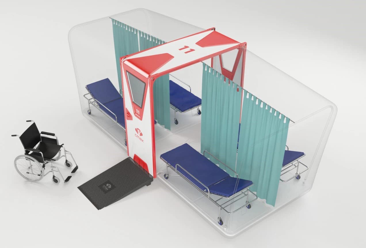 Cutaway of a Cmax Med unit showing beds, privacy curtains and an entrance ramp.