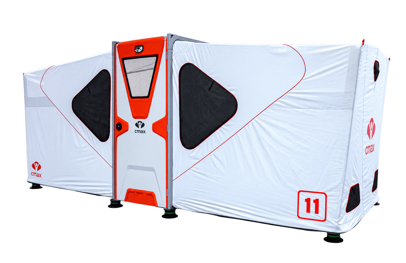 Cmax Med unit with white walls, an orange entrance and triangular windows, isolated from its background.