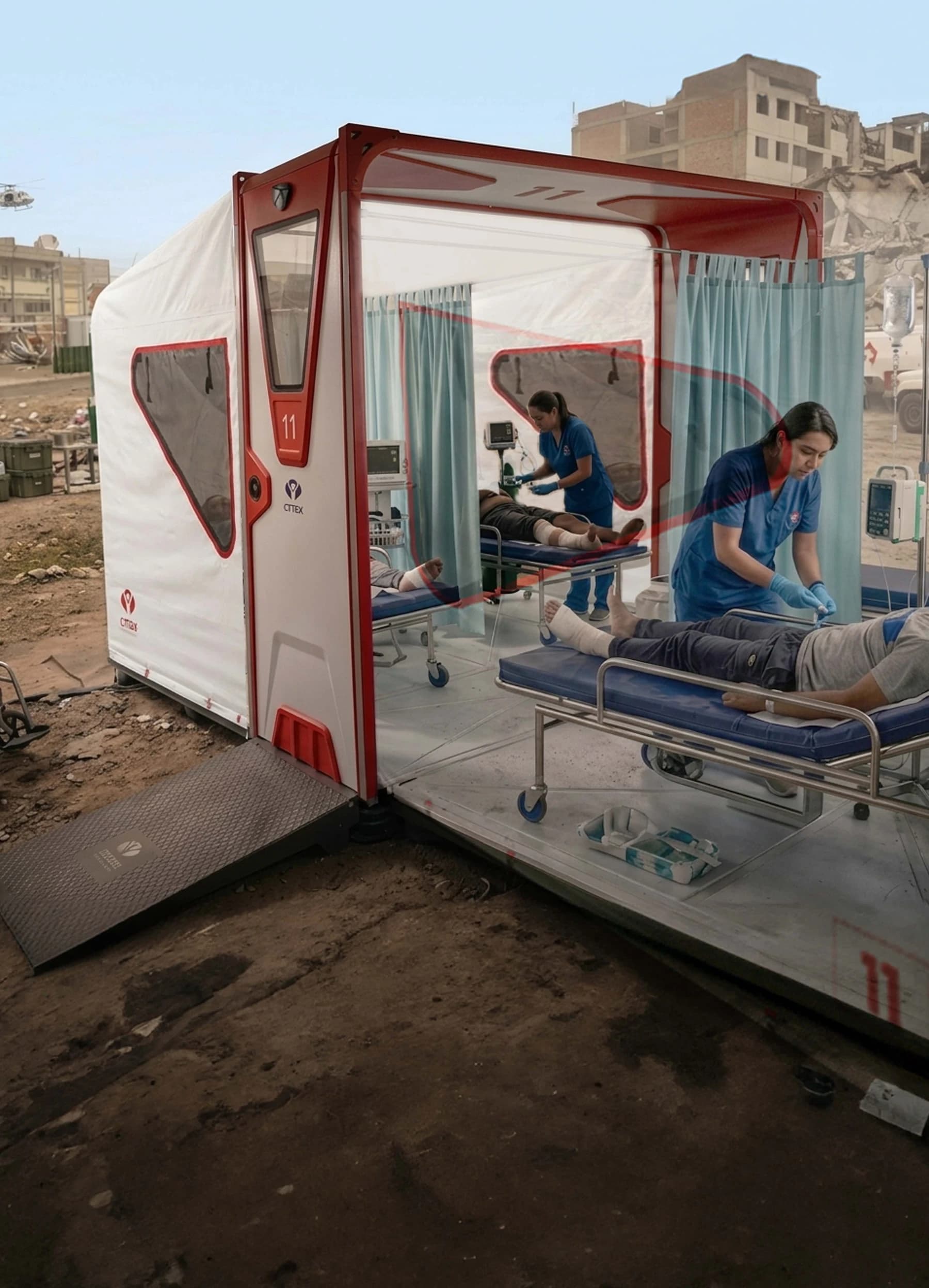 Illustrative field clinic with Cmax Med, beds and medical staff.