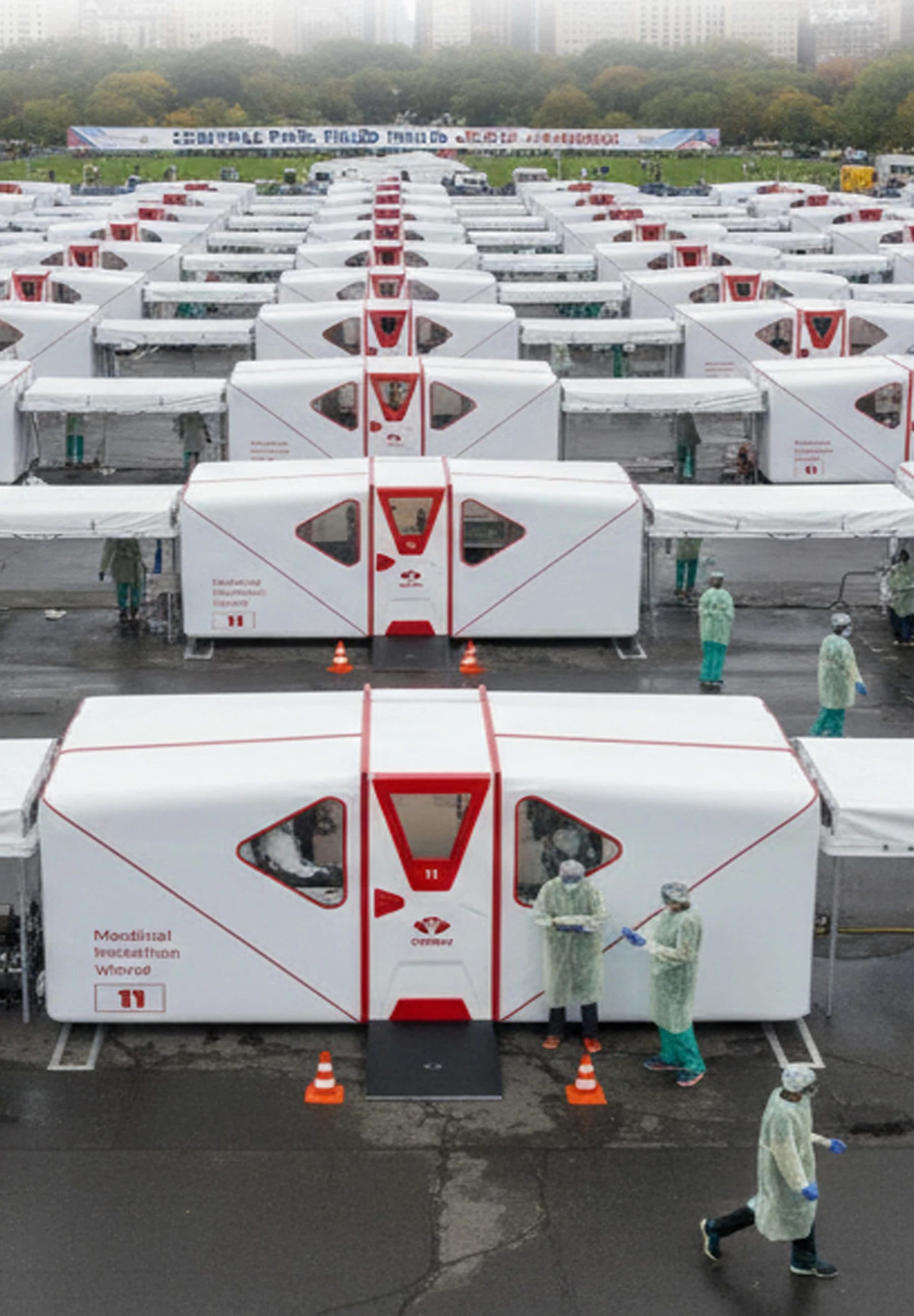Illustrative rows of connected Cmax Med units configured as a field hospital.
