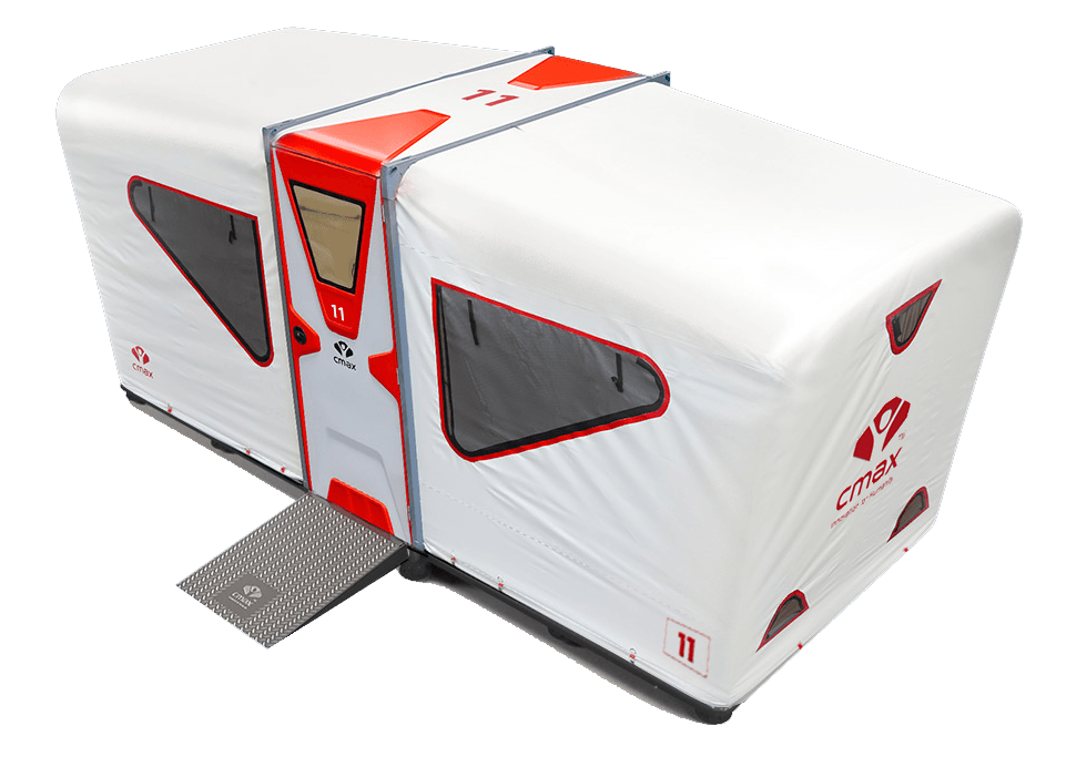A white and red CMAX unit fully deployed, with side windows and an access ramp.