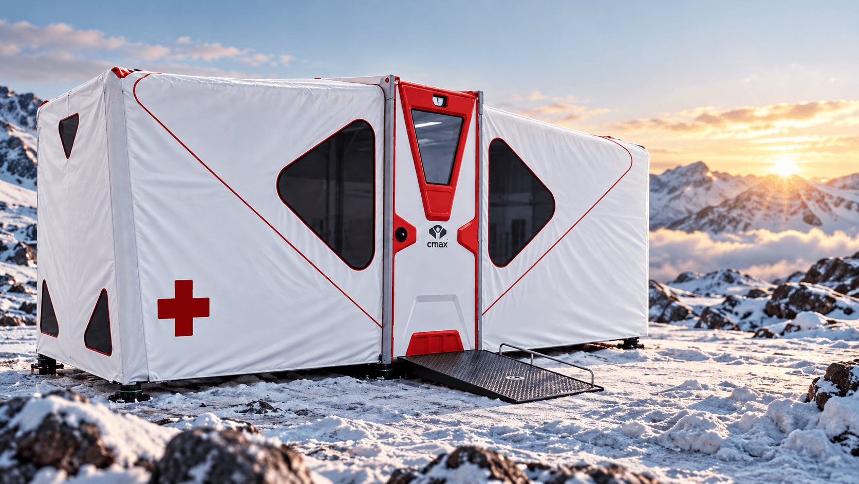 Illustrative view of an unfolded Cmax Med medical unit with an access ramp in a snowy mountain landscape.