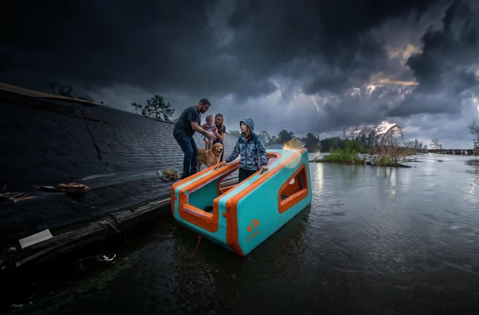Illustrative concept of a family entering an orange AeroCabin from a boat during a flood.
