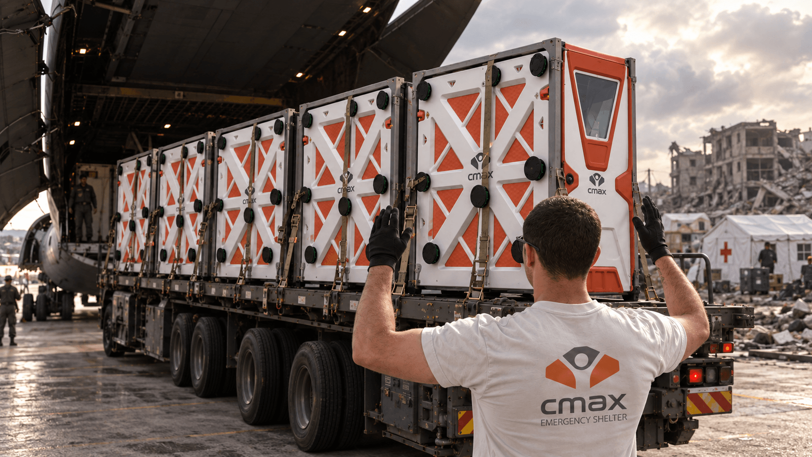 Illustrative scene of folded CMAX units on a truck beside a cargo aircraft.