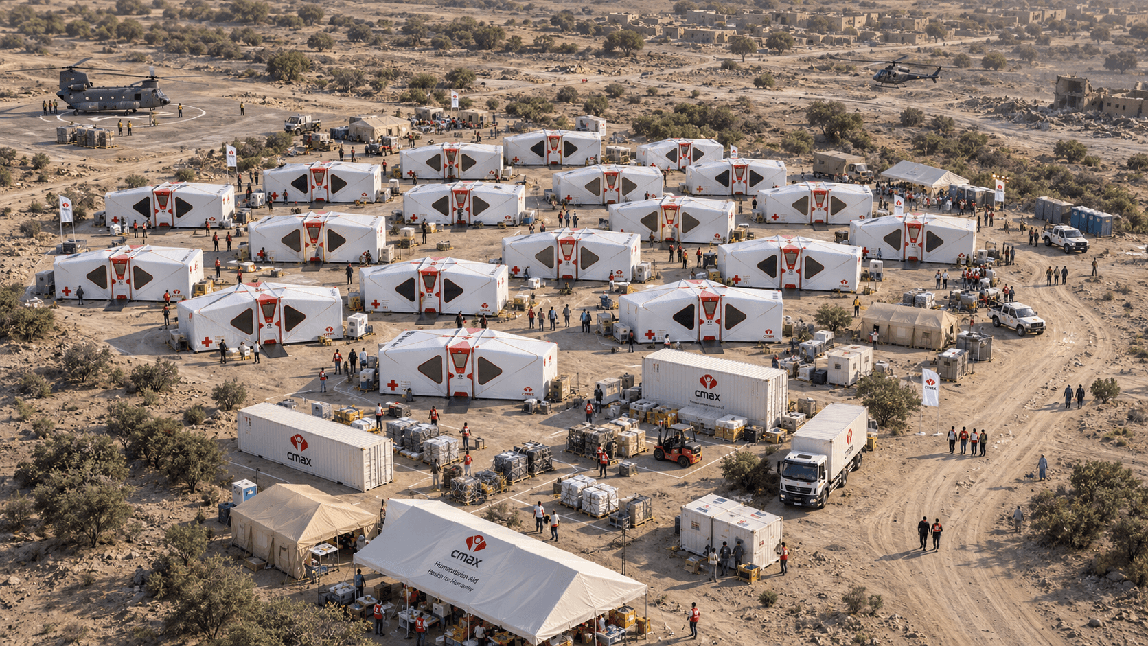 Illustrative aerial view of a humanitarian camp with CMAX medical units in a desert landscape.