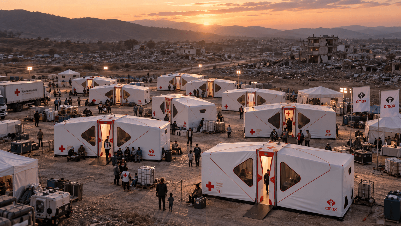 Illustrative scene of a CMAX medical camp at sunset, with illuminated units and people outside.