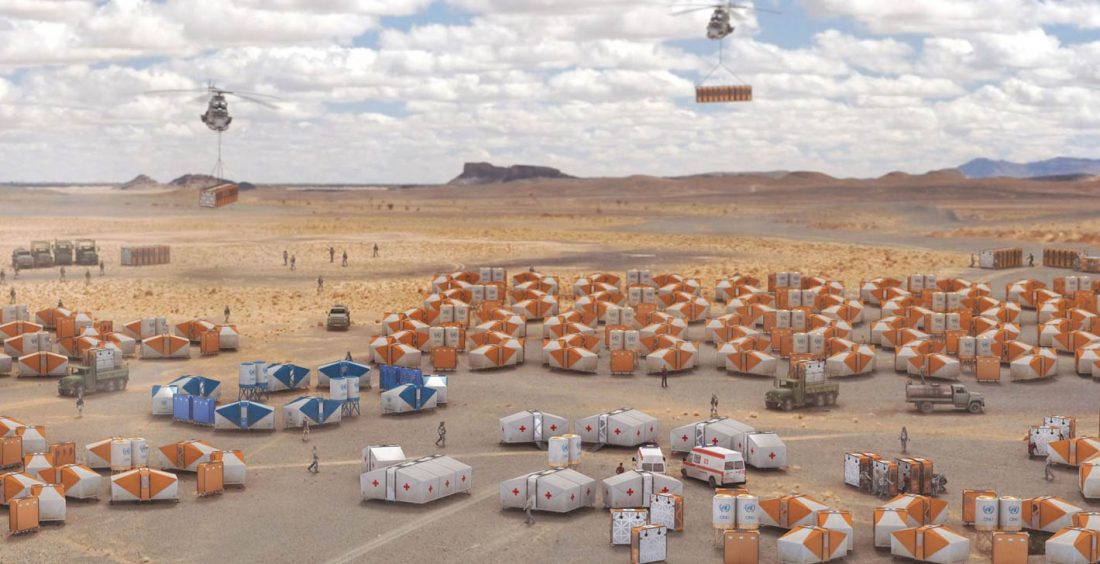 Concept image of a large camp of orange and white CMAX units in a desert plain, with helicopters delivering more units.